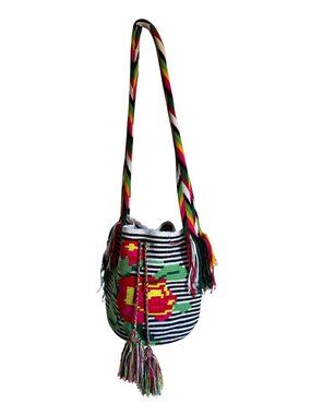 Chila Bags Striped Floral Woven Bag Handmade Drawstring Tassel Stripe